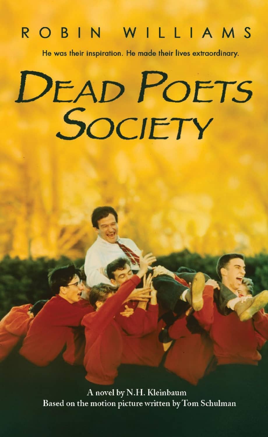 Dead Poets Society poster featuring young men in red and beige outfits