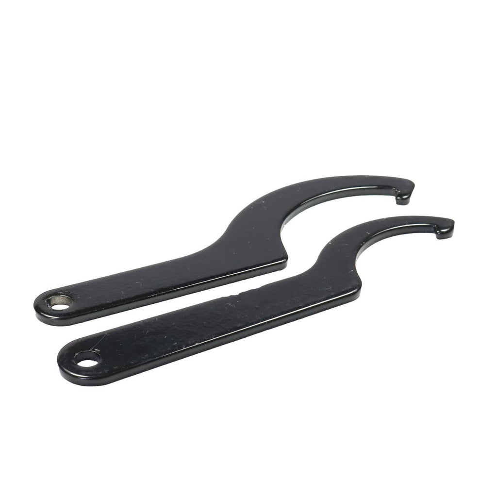 Black metal mounting bracket pair with two curved arms and mounting holes