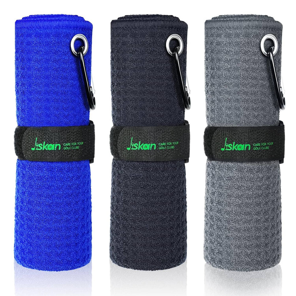 Jiskan microfiber golf club bag towels, blue, black, and gray with metal carabiner clips