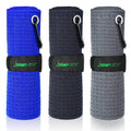 Jiskan microfiber golf club bag towels, blue, black, and gray with metal carabiner clips