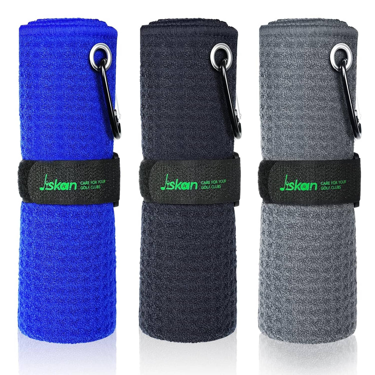 Jiskan microfiber golf club bag towels, blue, black, and gray with metal carabiner clips