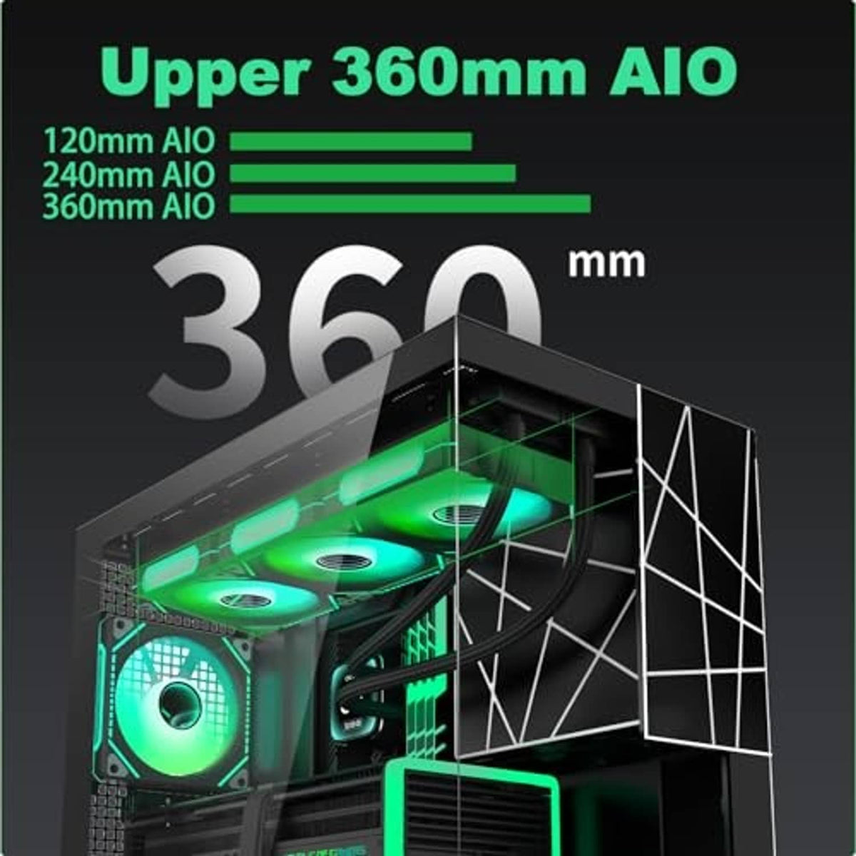 Black PC case with teal RGB fans and top support for 360mm AIO