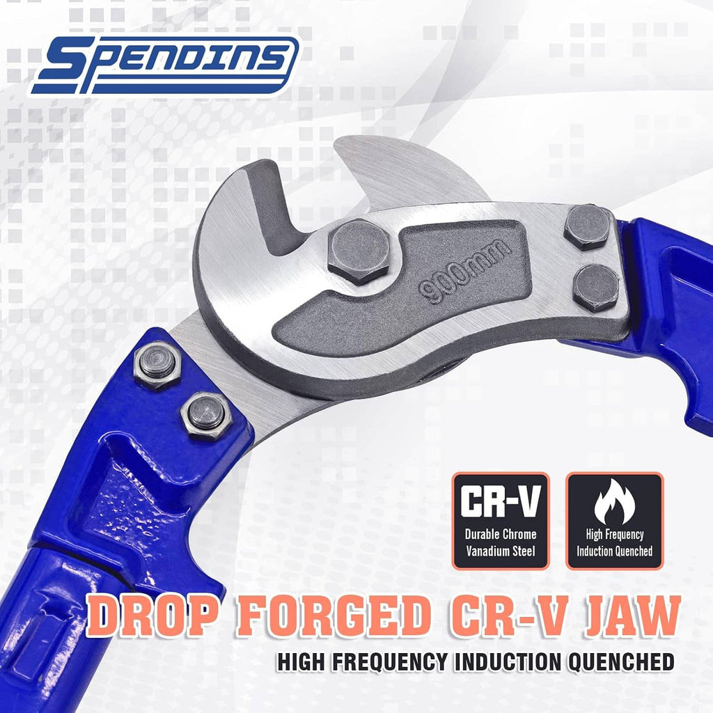 Wire rope cutter with drop-forged CR-V jaw and blue frame, close-up of blades.