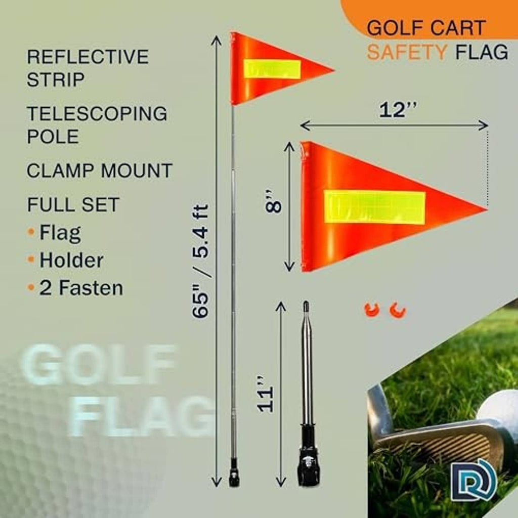 Orange safety flag with reflective strip and telescoping pole set with clamp mount