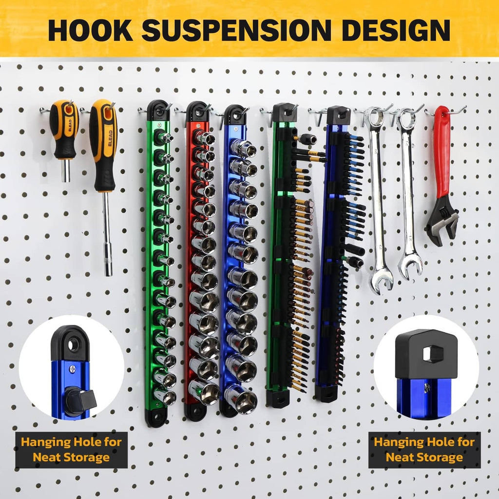 Magnetic bit rails with hooks for hanging storage on a pegboard