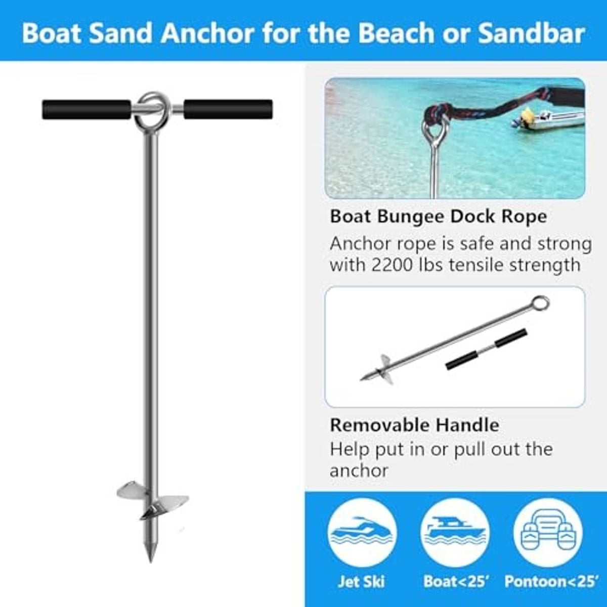 Stainless steel sand anchor with removable black grip handle and bungee dock rope