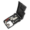 Battery fuse box terminal with cover, open housing and metal clamp, black