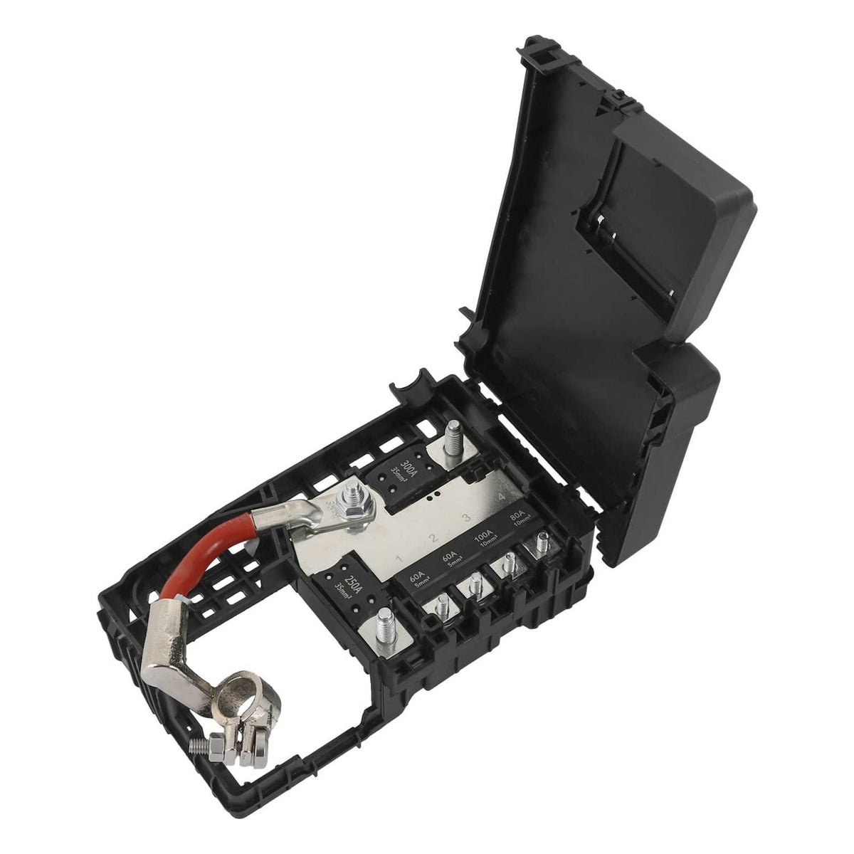Battery fuse box terminal with cover, open housing and metal clamp, black