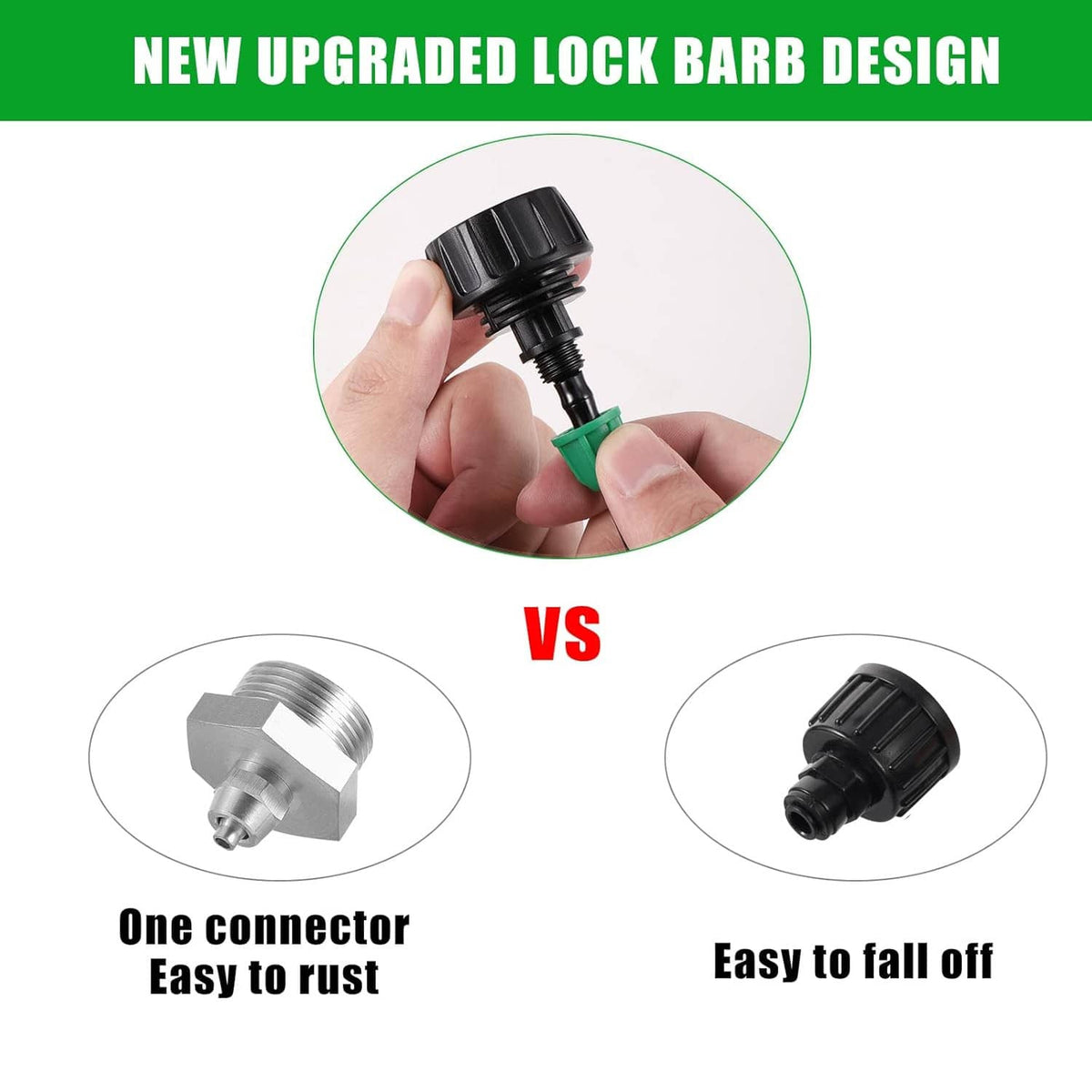 Garden hose adapter with black lock-barb end and green insert, comparison layout