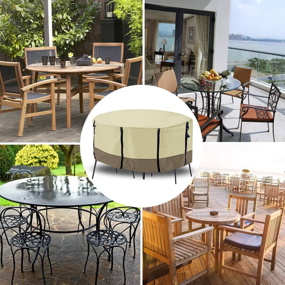 Beige round patio furniture cover with black securing straps and padded top handle