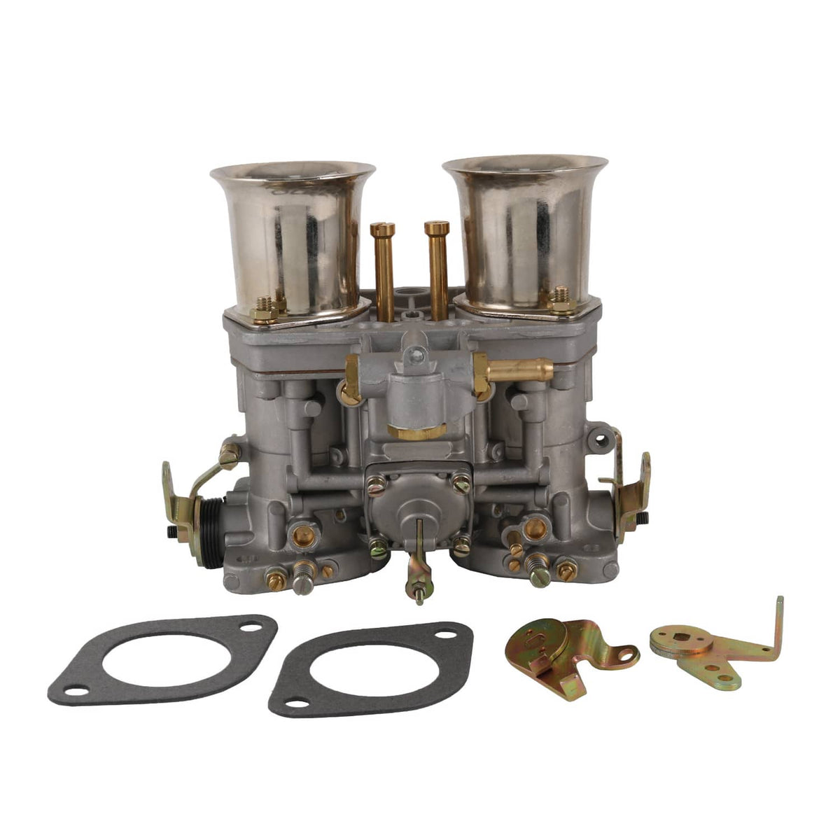 Dual-barrel carburetor kit with two air horns and two round gaskets plus brackets