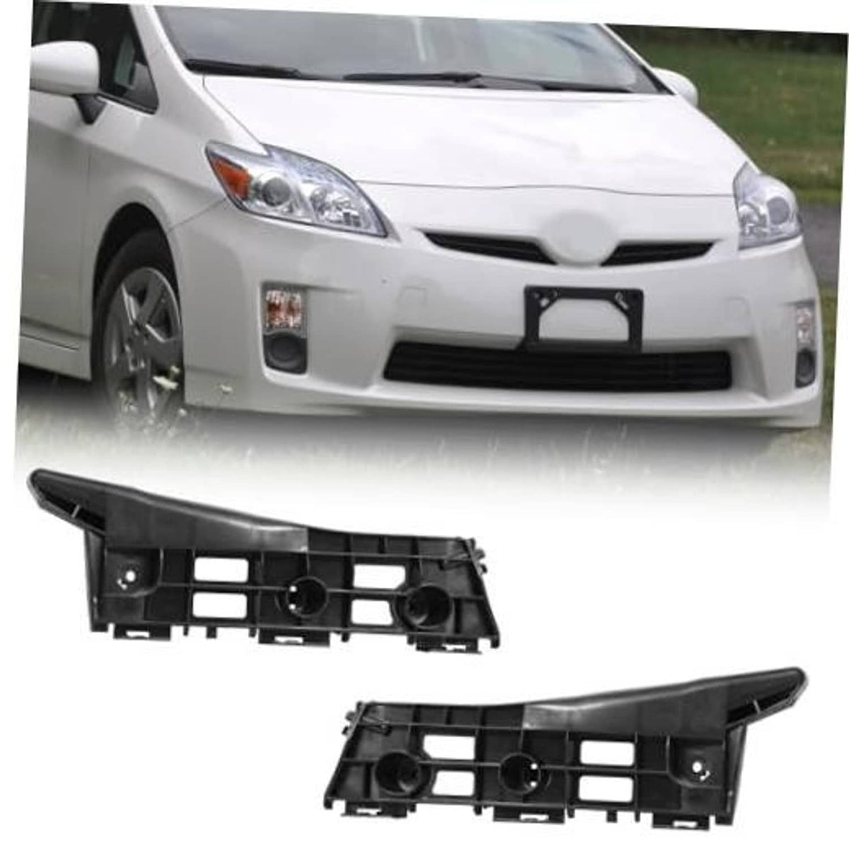 Black front bumper cover bracket retainer, molded plastic side housing with openings