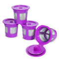 Purple reusable K-cup coffee filter cups set with matching lids and stainless mesh