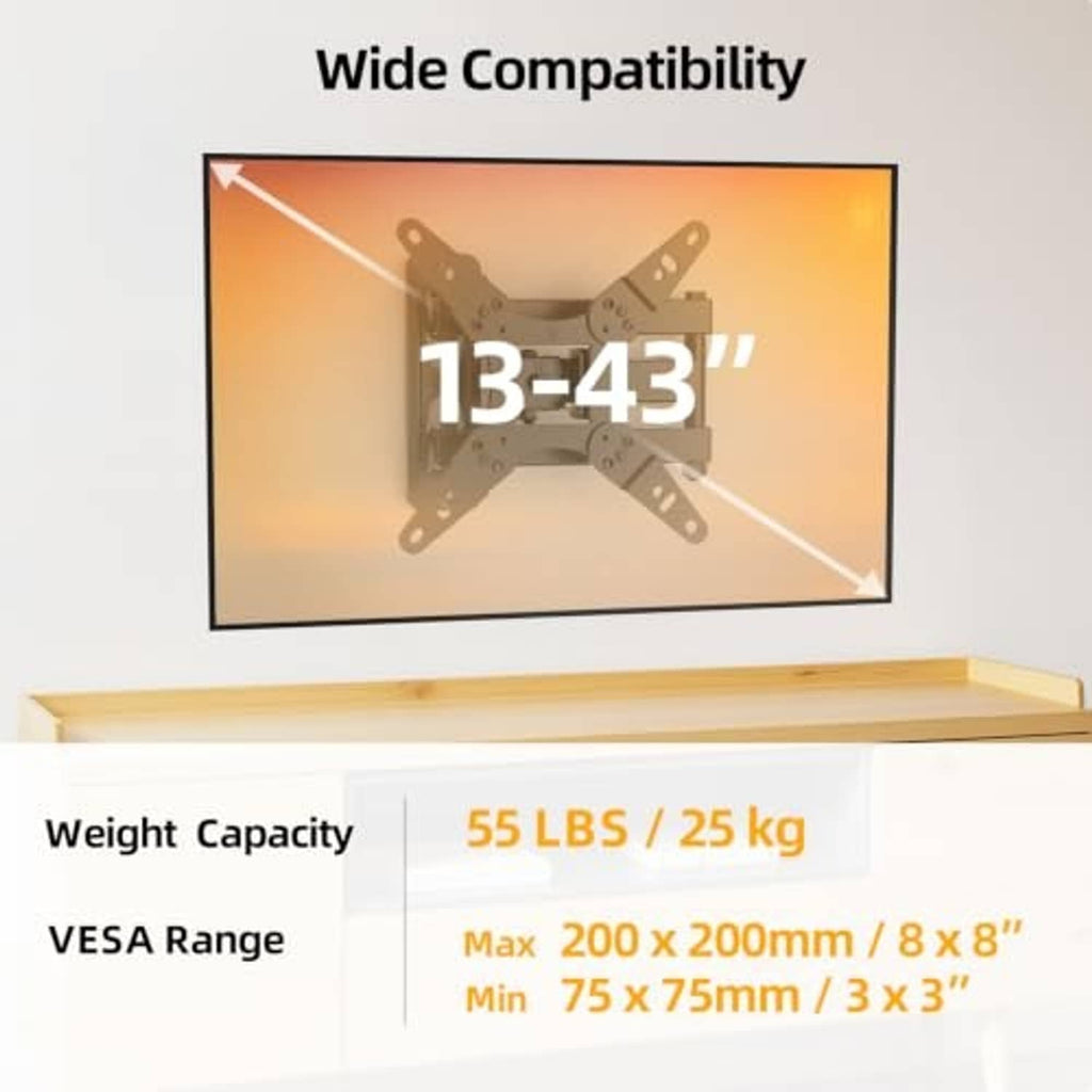 Full-motion TV wall mount mounted on wall with VESA support arms