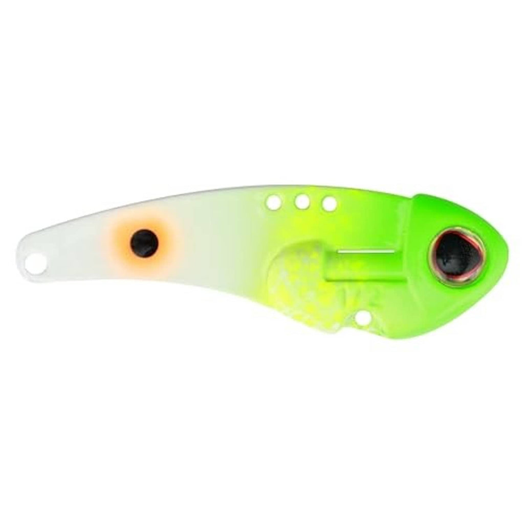Chartreuse and white blade lure with orange-black eye, two treble hooks