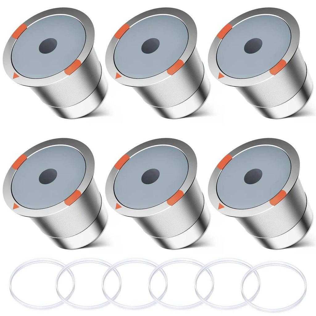 6-pack stainless steel reusable K-cup coffee filters with gray basket and orange seal ring