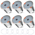 6-pack stainless steel reusable K-cup coffee filters with gray basket and orange seal ring