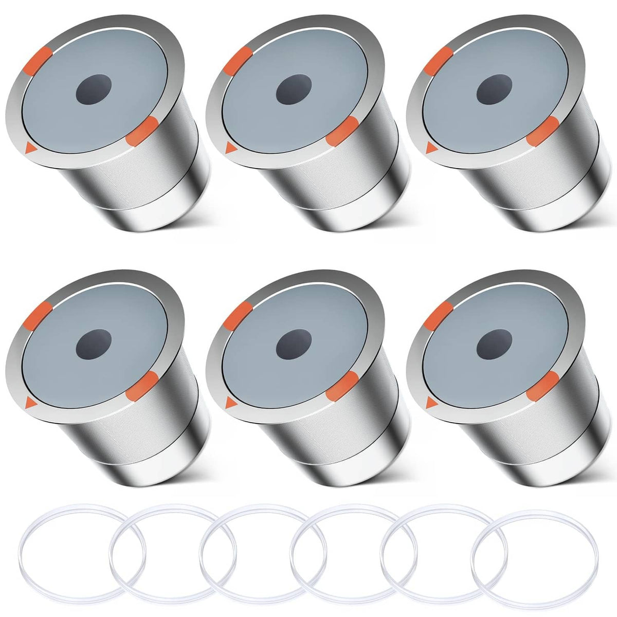 6-pack stainless steel reusable K-cup coffee filters with gray basket and orange seal ring