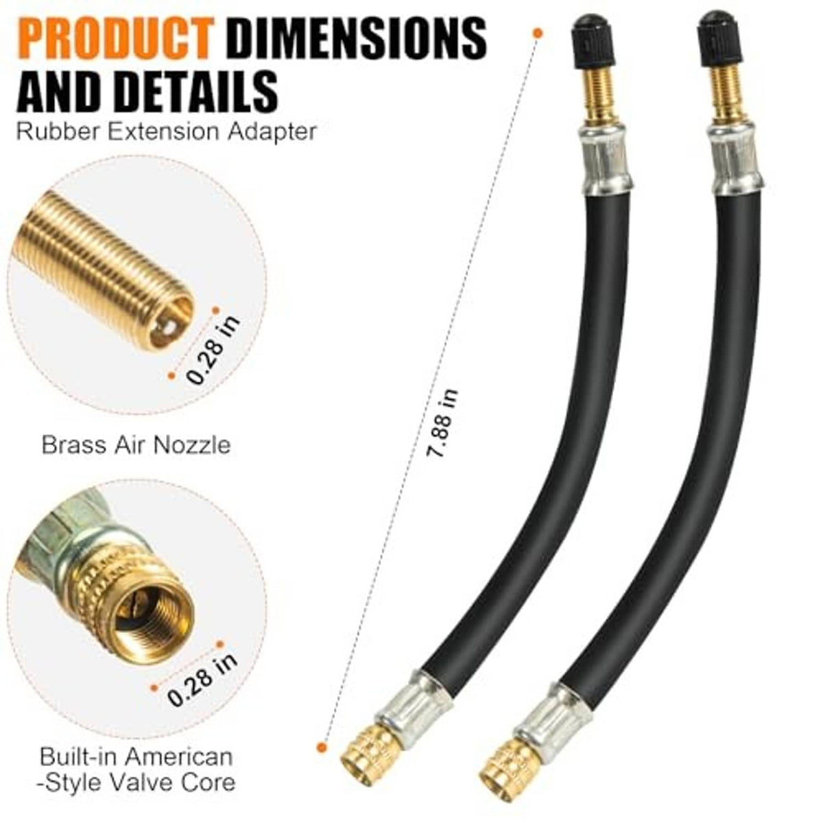 Two tire valve extension adapters with black rubber hose and brass air nozzle ends