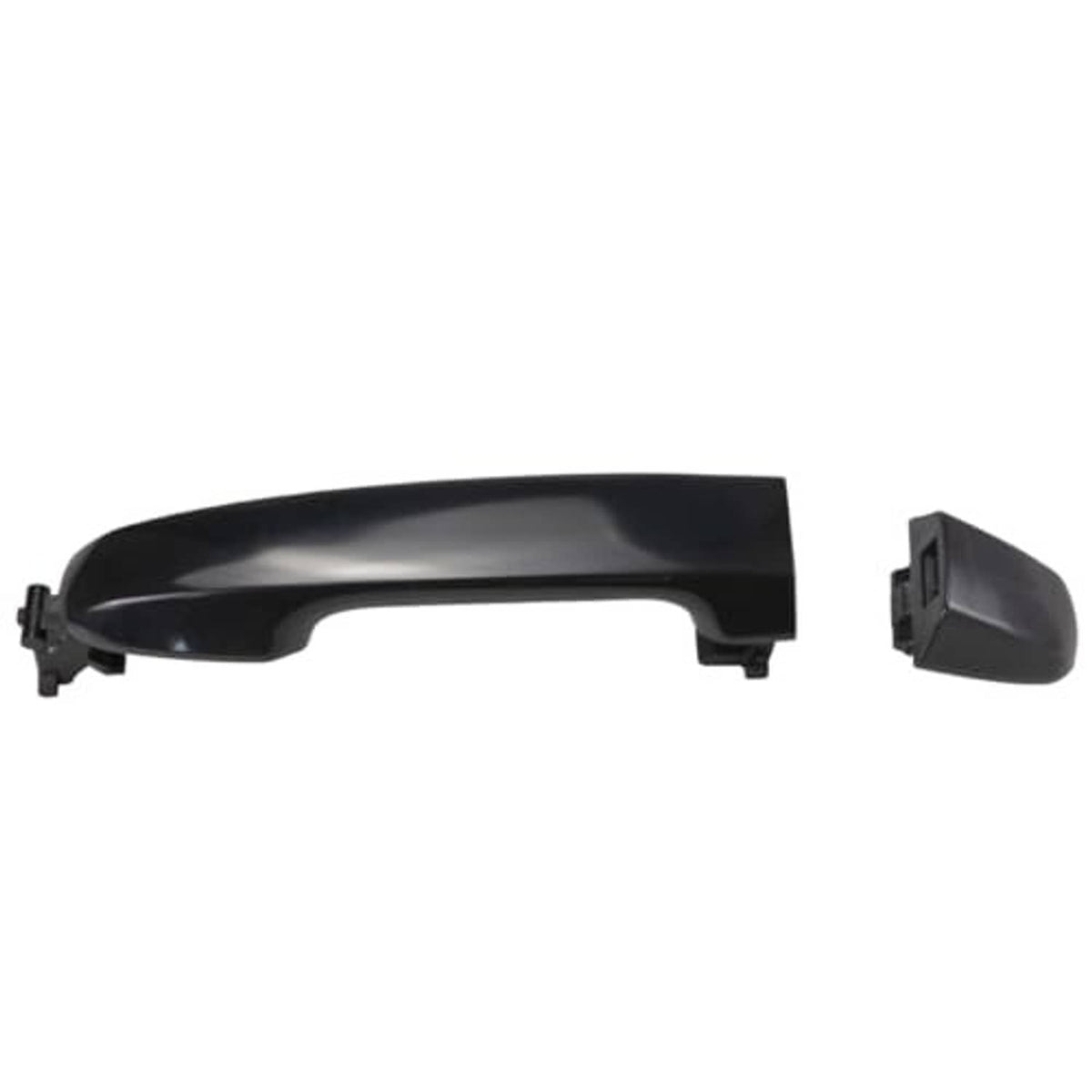 Black exterior door handle with mounting clips and separate side cap