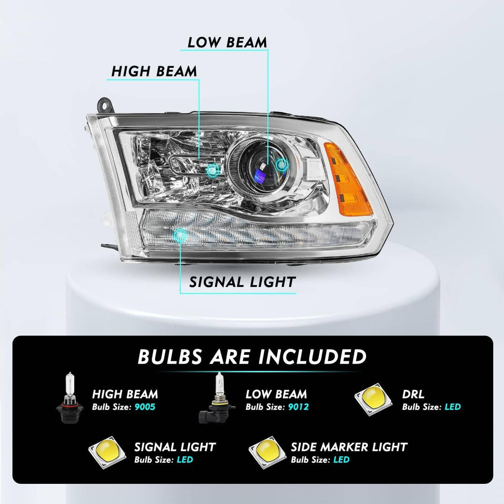 Chrome projector headlight with clear lens, amber signal light section, and beam projector