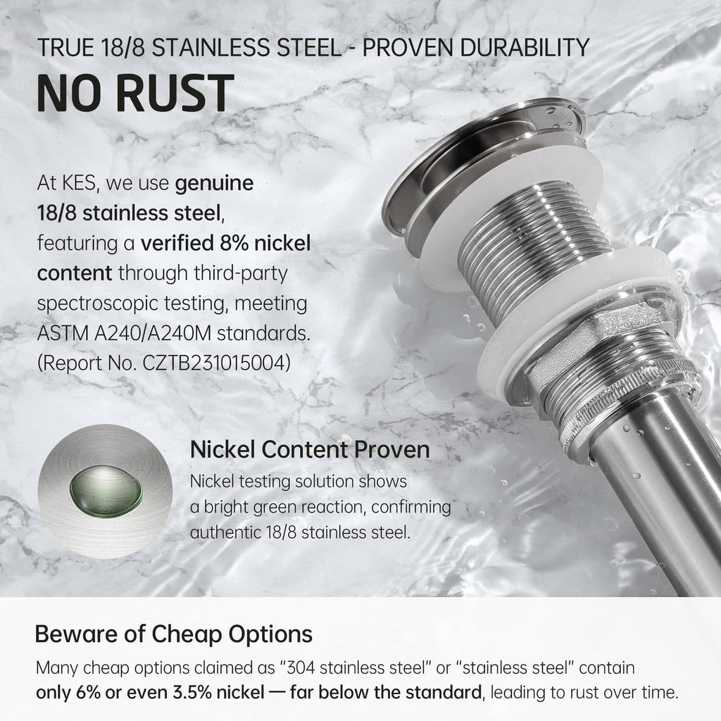 Stainless steel pop-up drain stopper and threaded drain body labeled no rust