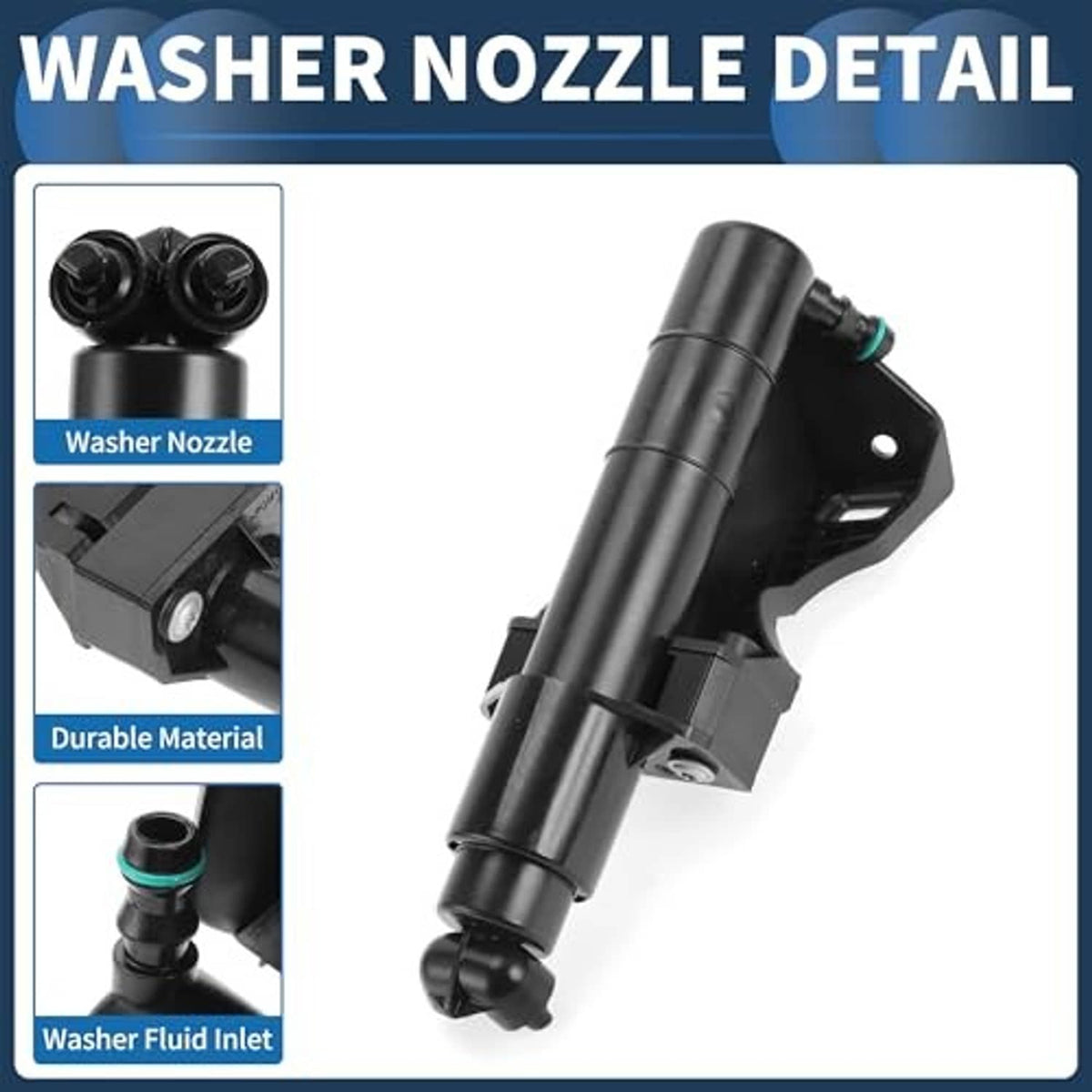 Front driver-side headlight washer nozzle jet, black plastic with fluid inlet.
