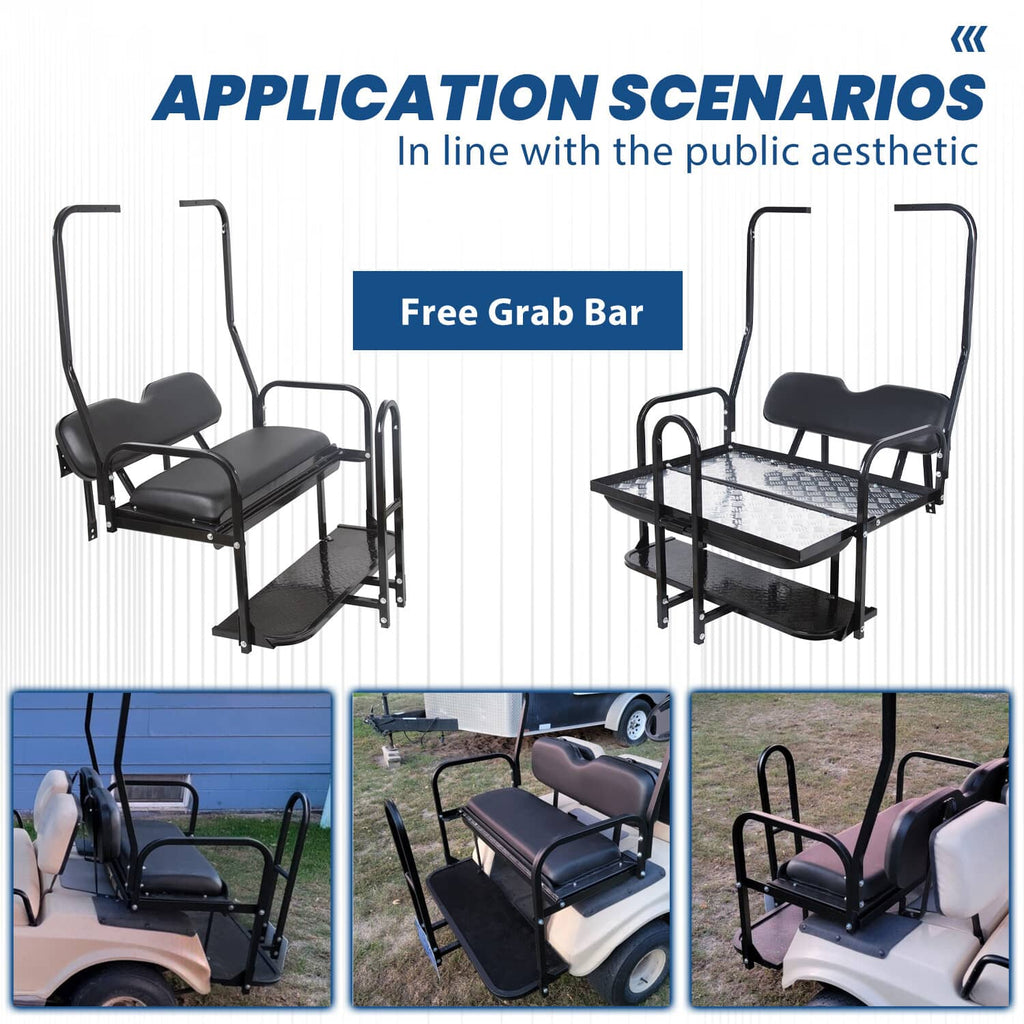 Rear flip seat kit with cargo bed, black frame, dark vinyl seats, and grab bar handles