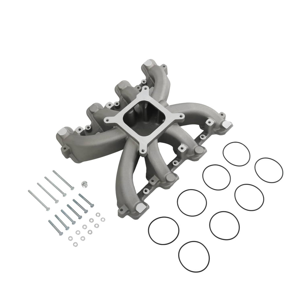 Single-plane intake manifold with gasket rings and mounting hardware, gray cast metal
