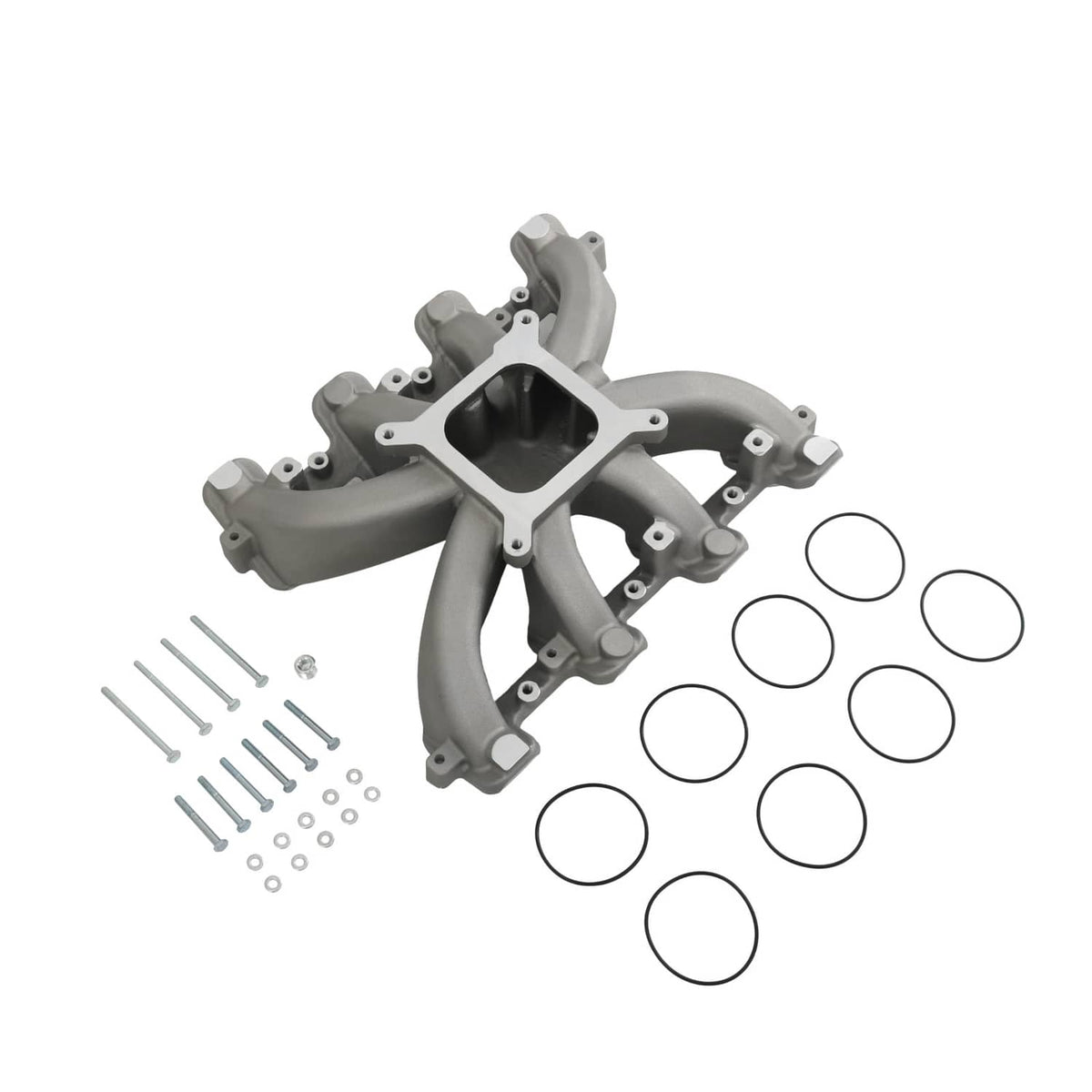 Single-plane intake manifold with gasket rings and mounting hardware, gray cast metal