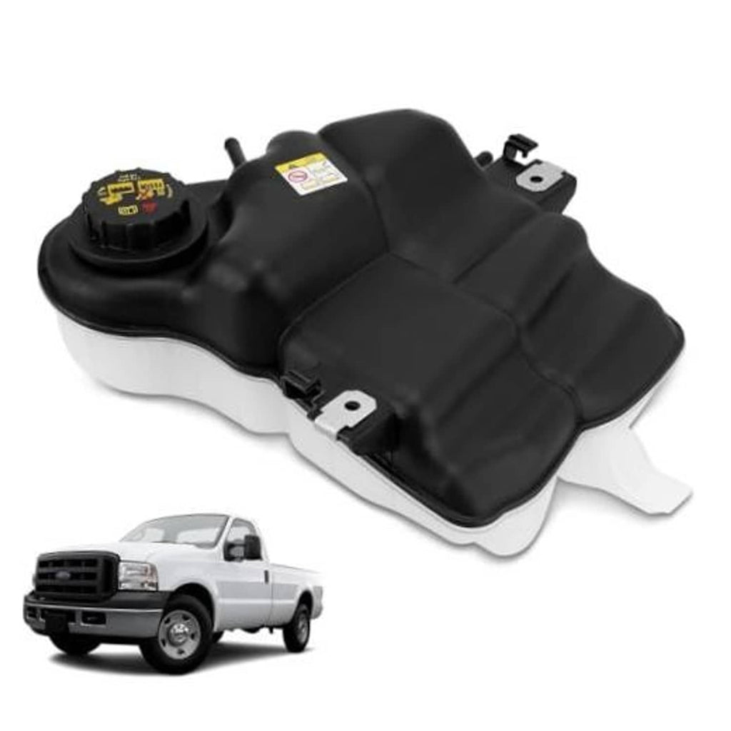 Front engine coolant reservoir tank with cap and mounting brackets, black and white