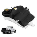 Front engine coolant reservoir tank with cap and mounting brackets, black and white