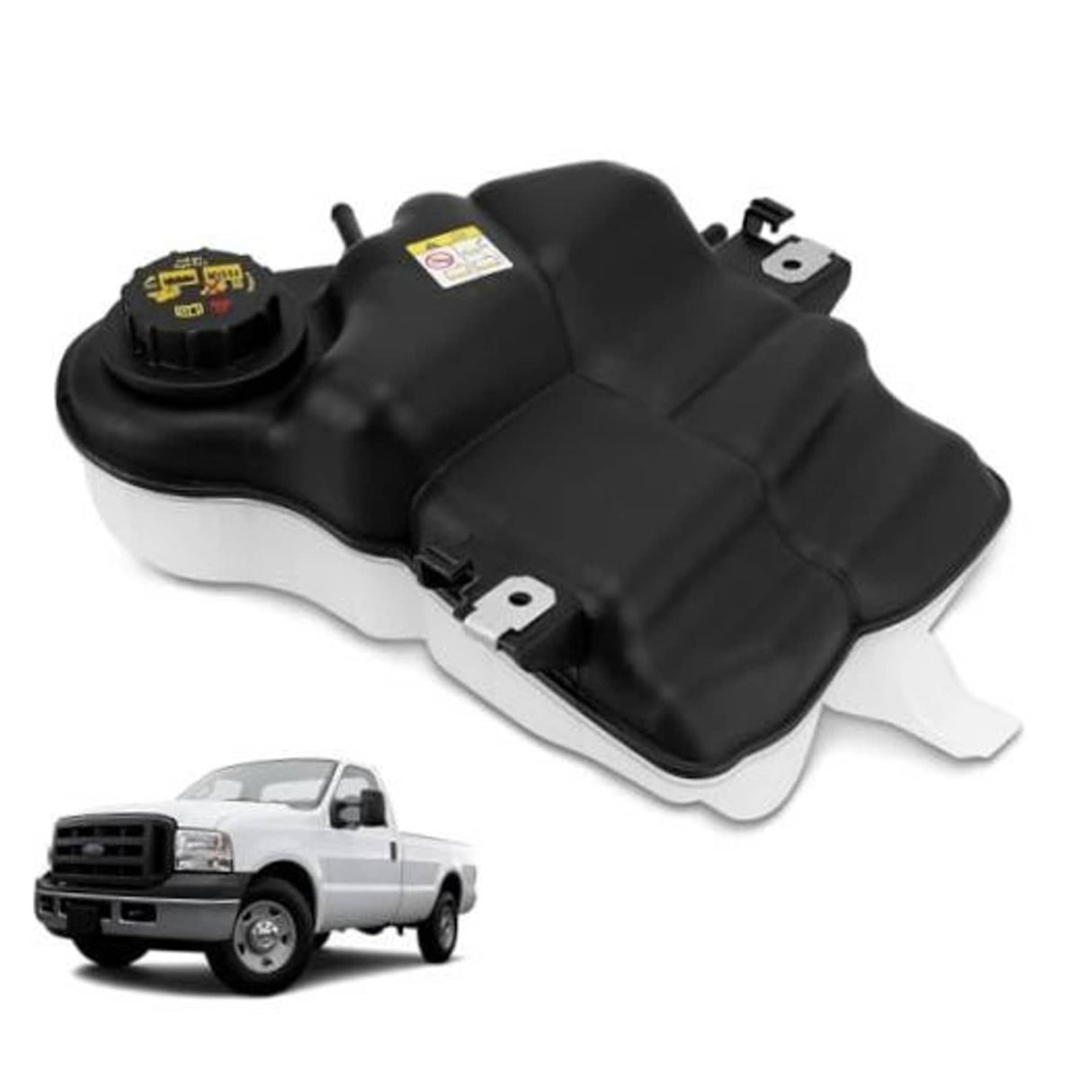 Front engine coolant reservoir tank with cap and mounting brackets, black and white