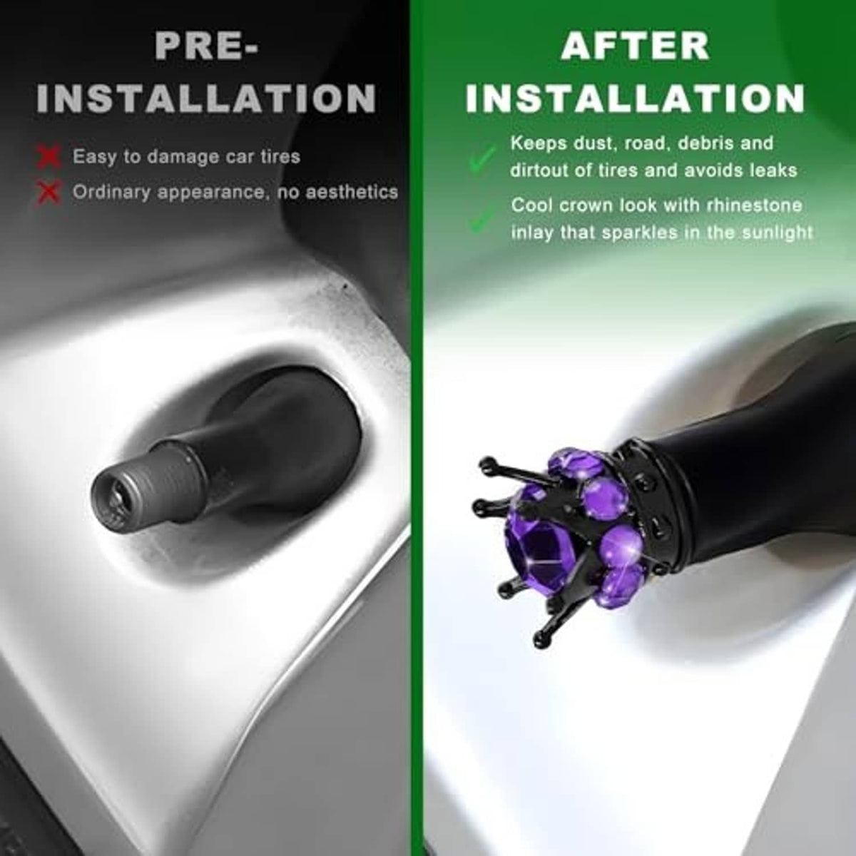 Purple jeweled black crown tire valve stem cap on black valve stem, protective seal fit
