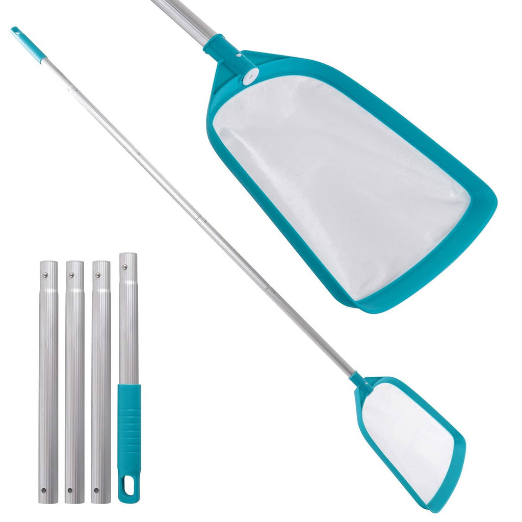 Teal and white leaf skimmer net with extended aluminum pole for pool cleaning