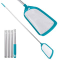 Teal and white leaf skimmer net with extended aluminum pole for pool cleaning