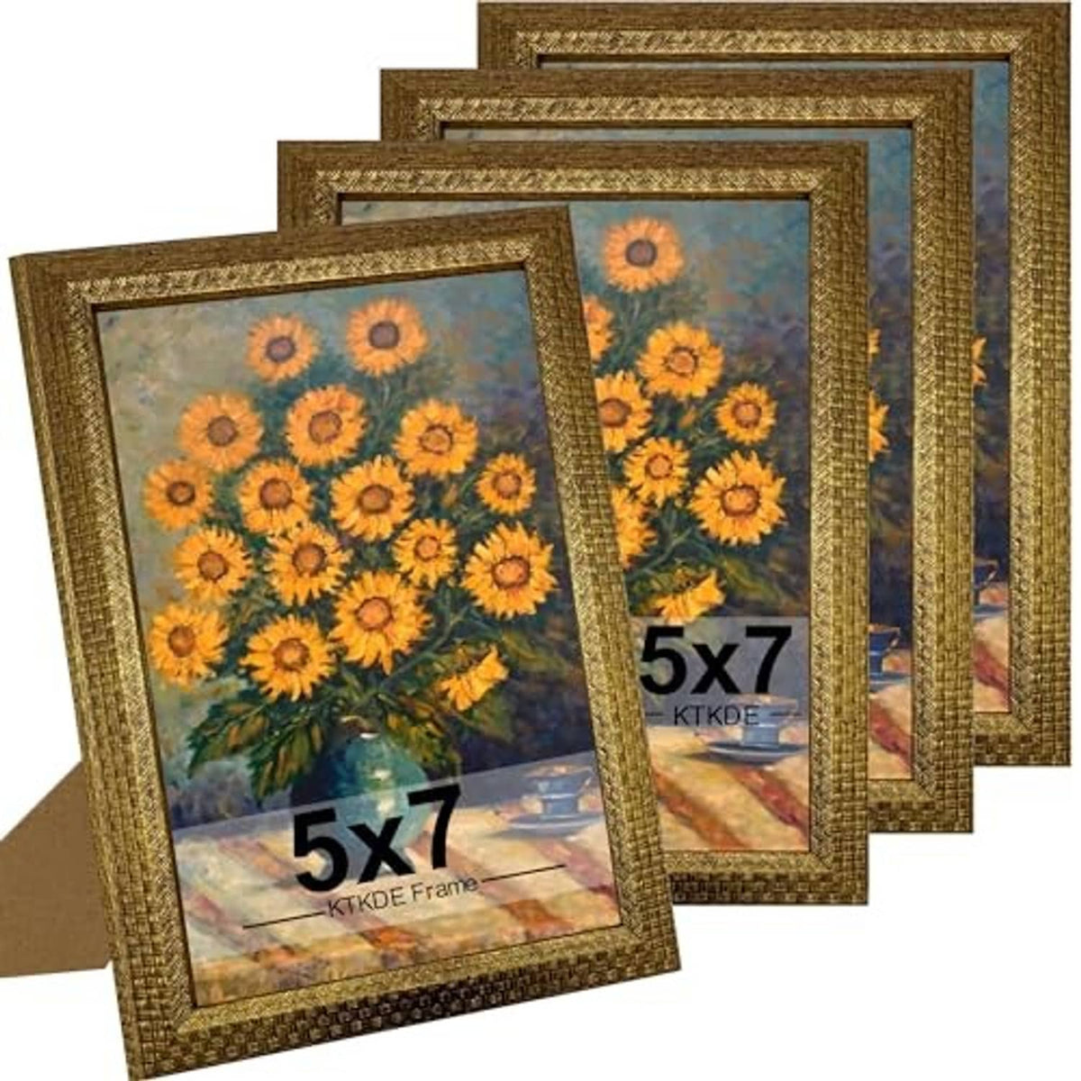 Four ornate gold 5x7 photo frames stacked, front view with glass openings