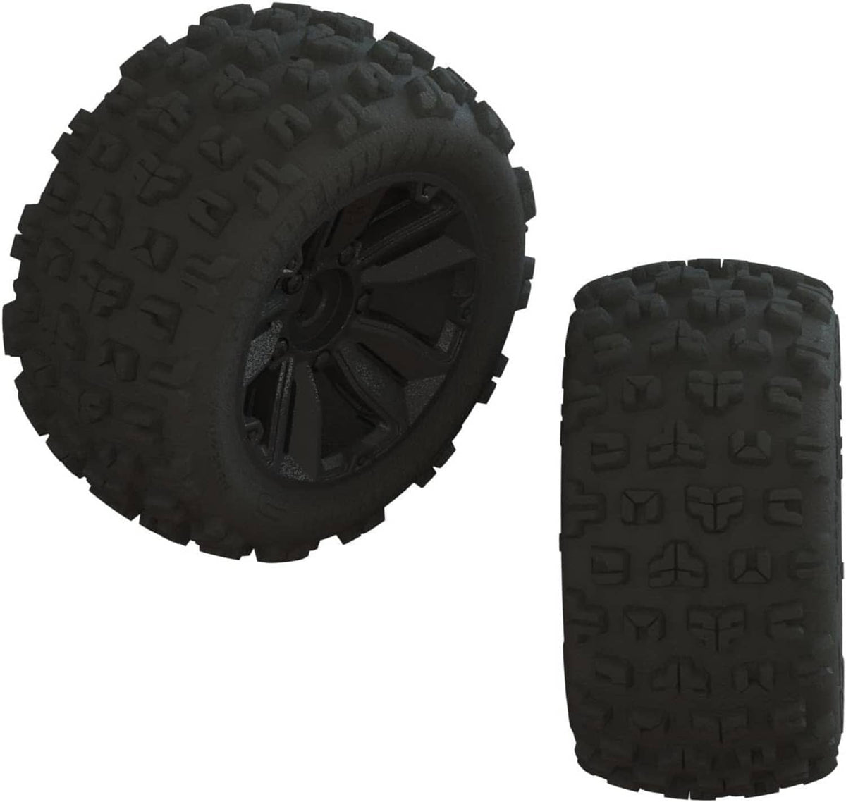 Two off-road glued tires with deep tread, black rubber; one tire shows a wheel rim
