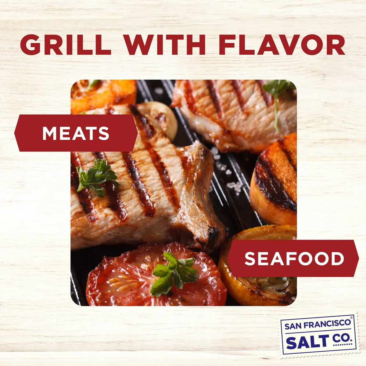 Cherrywood smoked sea salt fine grain seasoning shown for meats and seafood