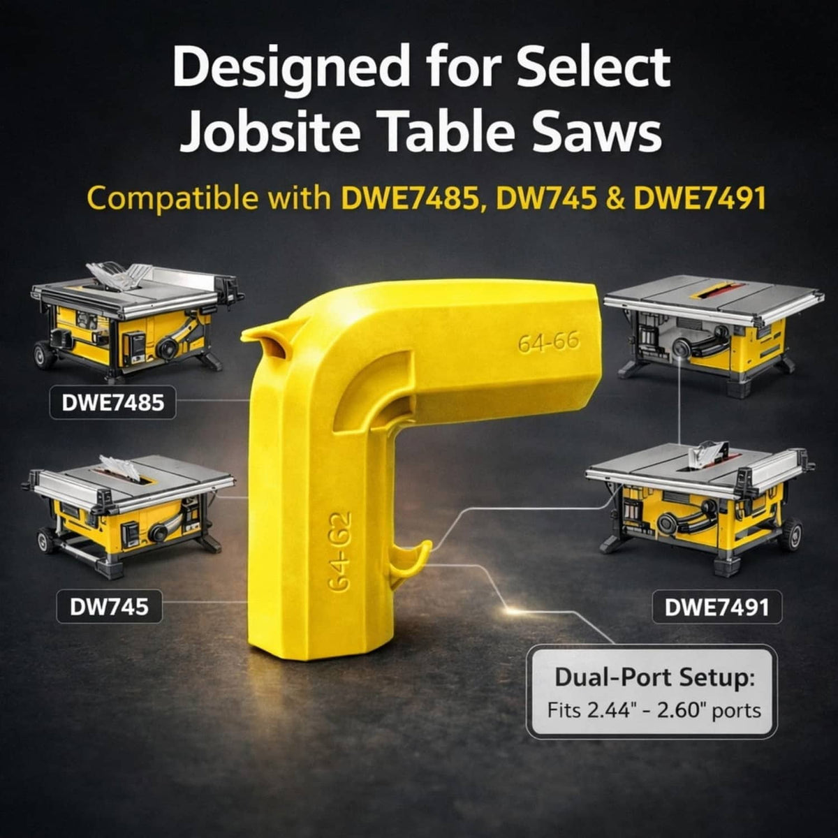 Yellow dual-port dust adapter, side view with dual hose intake channels