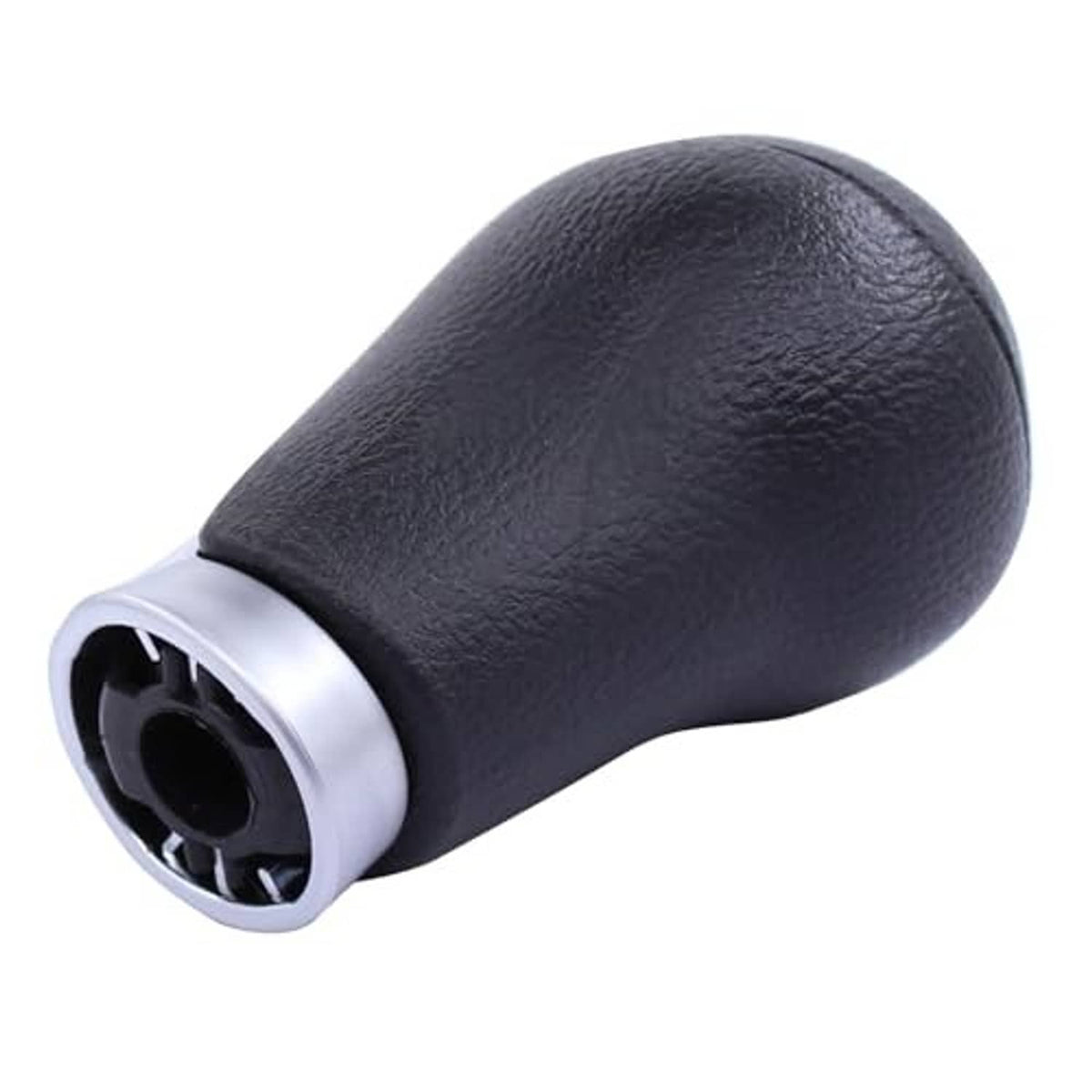 Black leather shift knob with chrome end collar and mounting opening