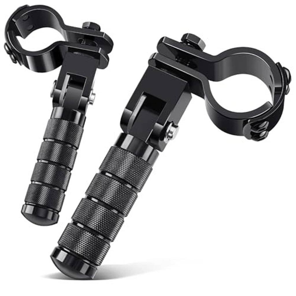 Black foldable motorcycle footpegs set with knurled anti-slip pedal surfaces