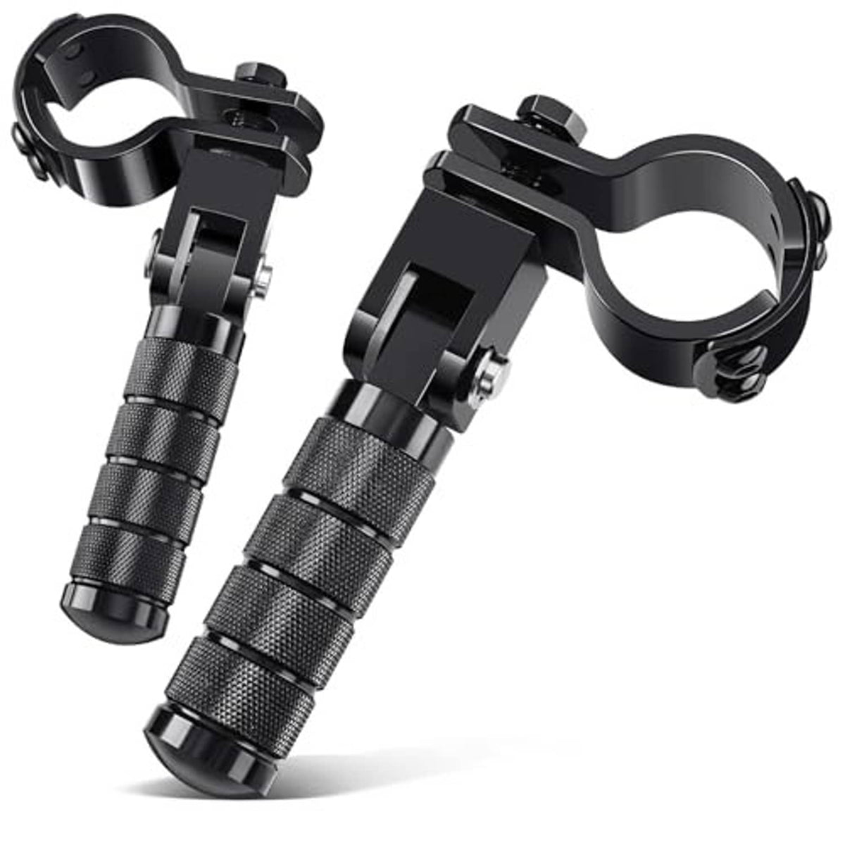 Black foldable motorcycle footpegs set with knurled anti-slip pedal surfaces