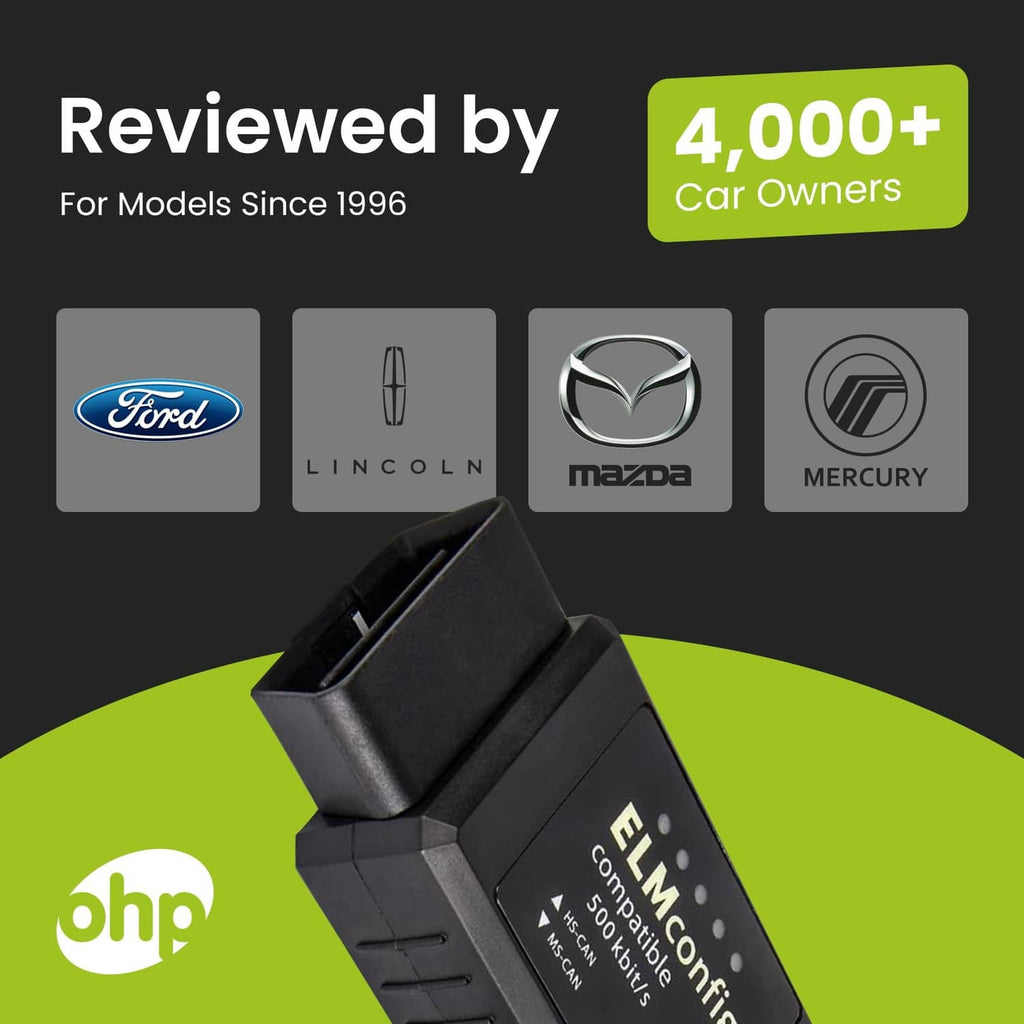 Black ELMconfig ELM327 OBD2 adapter with label and OBD plug