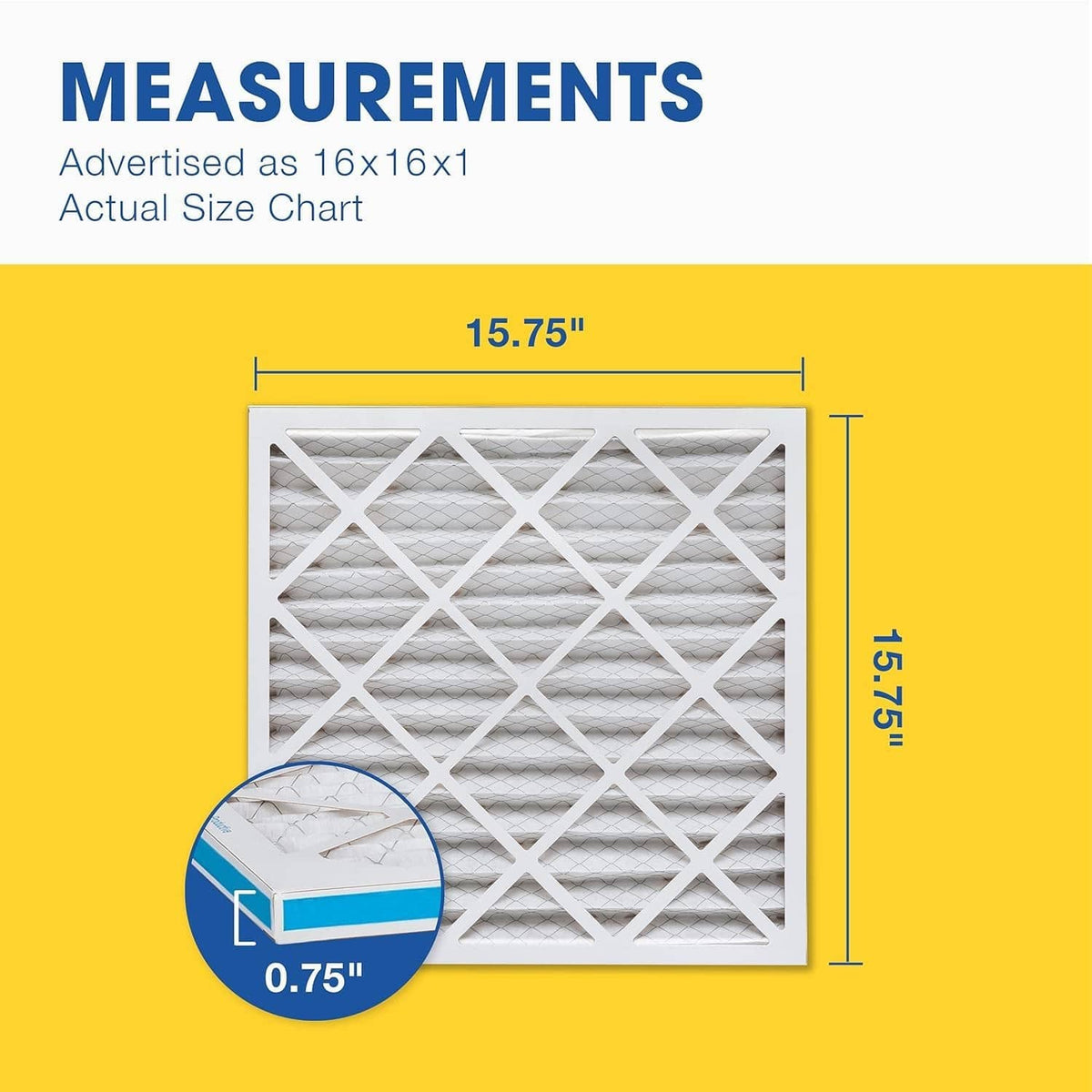 White HVAC air filter with 15.75 in x 15.75 in x 0.75 in dimensions, pleated media