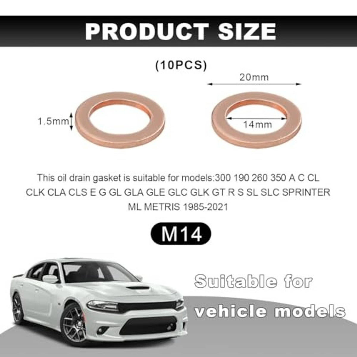 M14 14mm copper oil drain plug crush washer gaskets, 10 pcs, 1.5mm thick