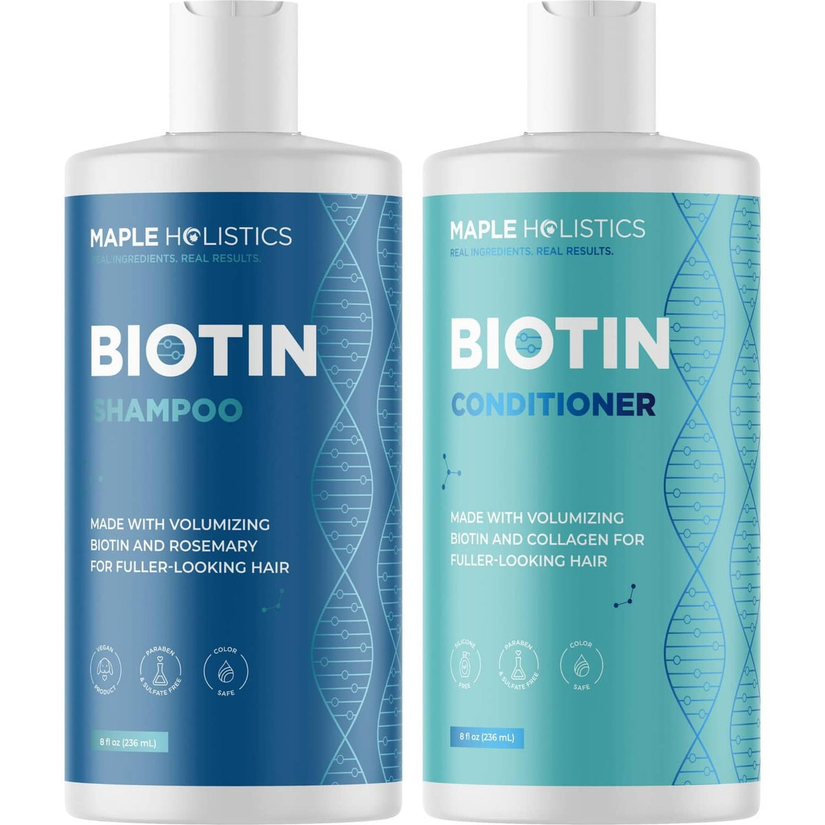 Two blue-and-white Biotin shampoo and conditioner bottles side by side