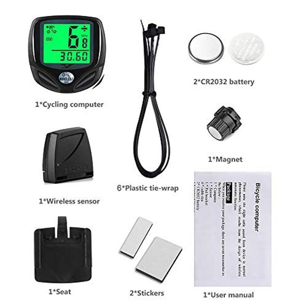 Cycling computer accessory set: LCD unit, wireless sensor, magnet, battery, cable, and mounts