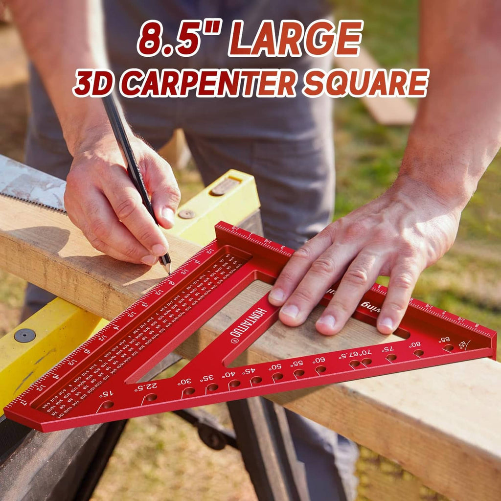 Red 3D carpenter square marking gauge used to mark a wooden board