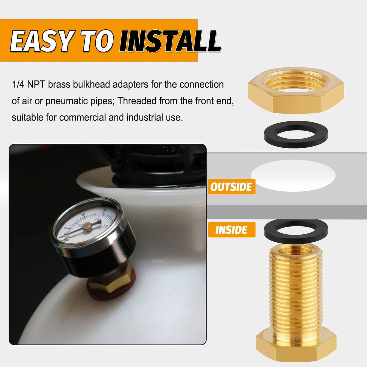 1/4 NPT brass bulkhead adapter with black rubber washers and threaded female ends
